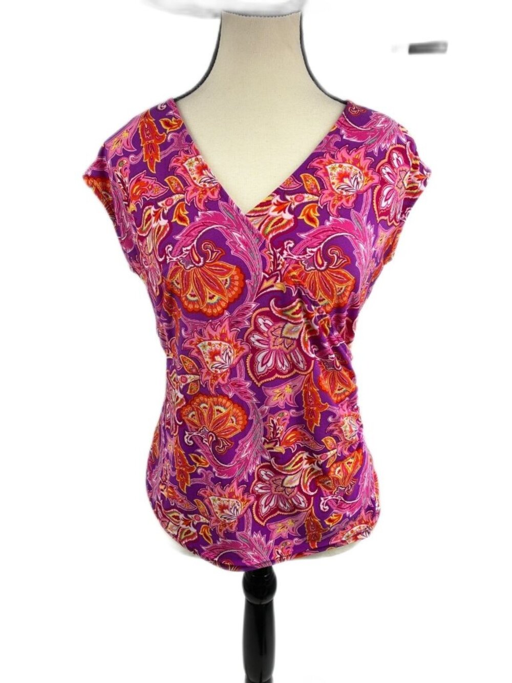 Chaps Womens PL Petite Purple Pink Orange Paisley V-Neck Ruched Wrap Knit Top - Picture 2 of 7
